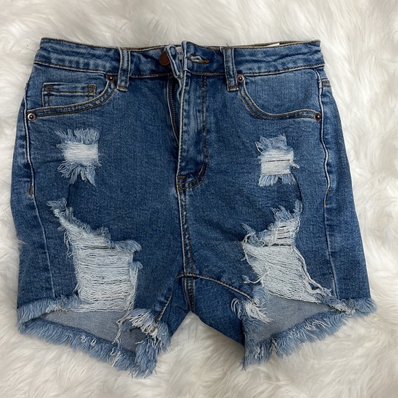 Blue denim destroyed frayed hem shorts - Picture 3 of 7